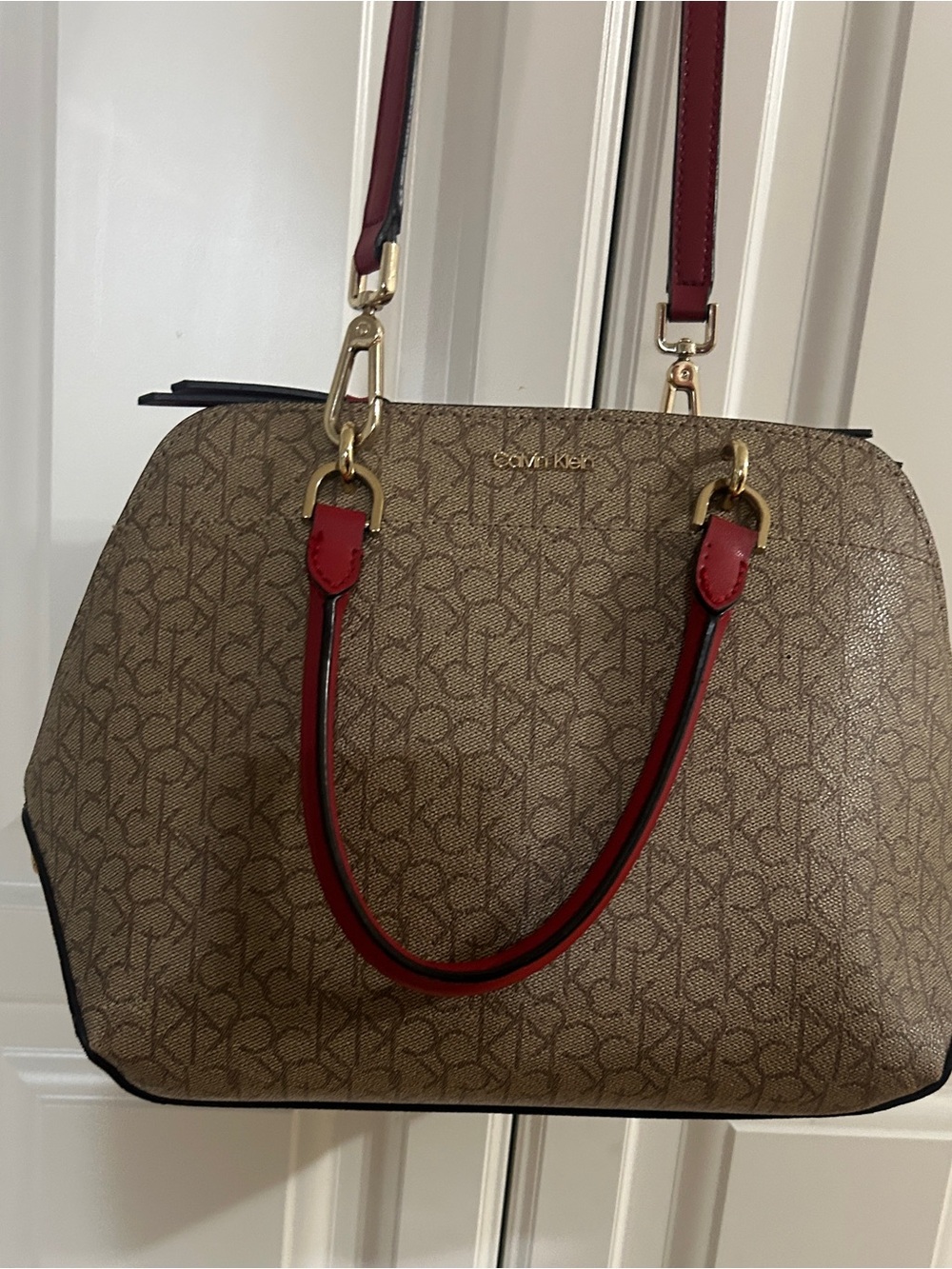 Calvin Klein Tan Monogram Satchel with Red Handles